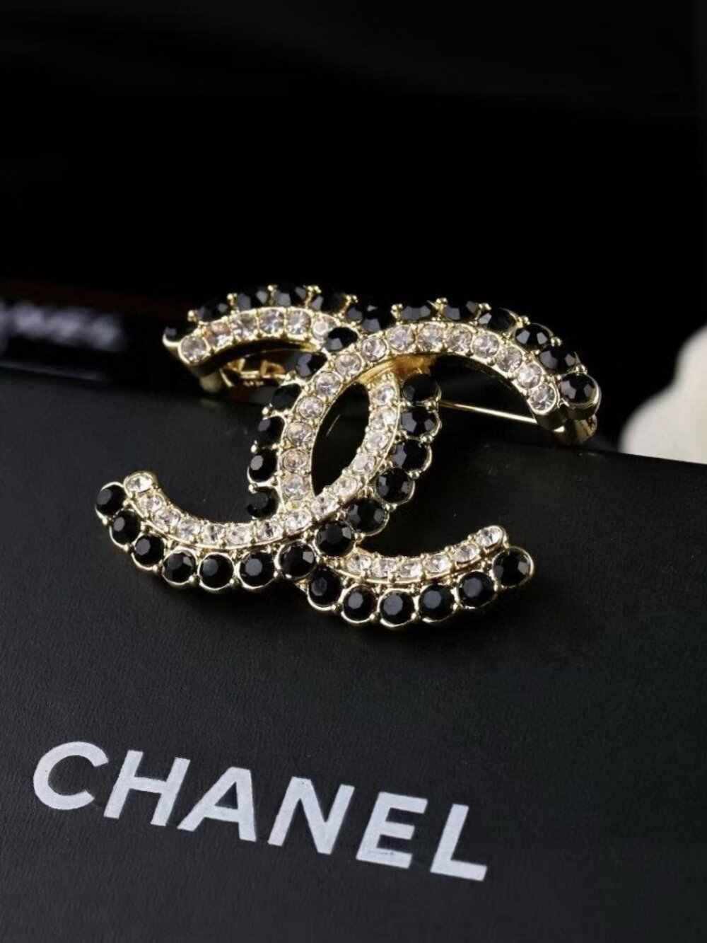 Chanel Black and Crystal CC Brooch